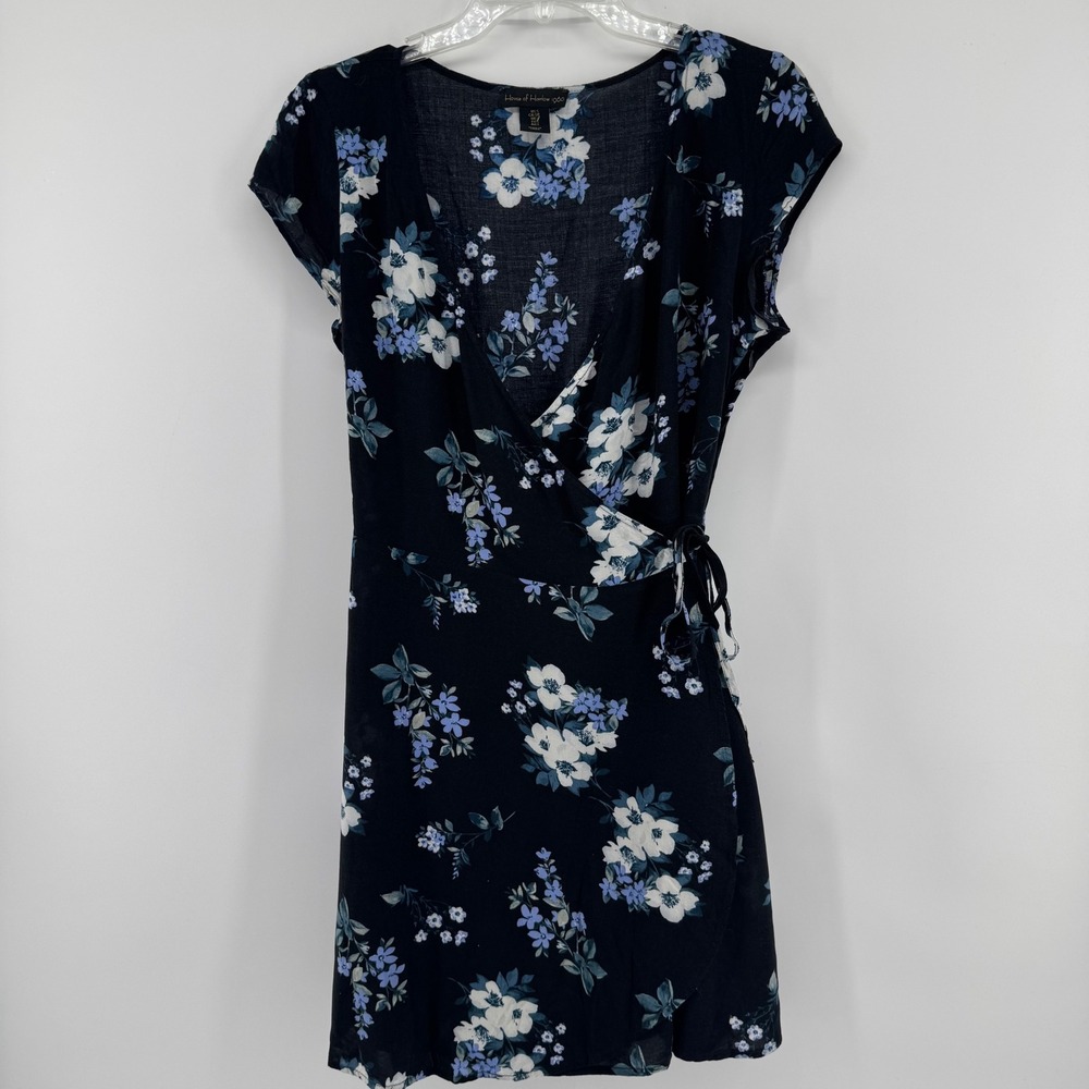 House of Harlow 1960 Wrap Dress Womens Small Black Floral V-Neck Mini Cap Sleeve